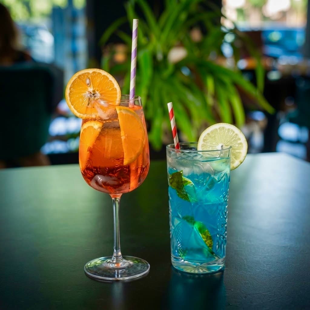 Dos cócteles: uno naranja con rodajas de naranja en copa y otro azul con hierbabuena en vaso alto