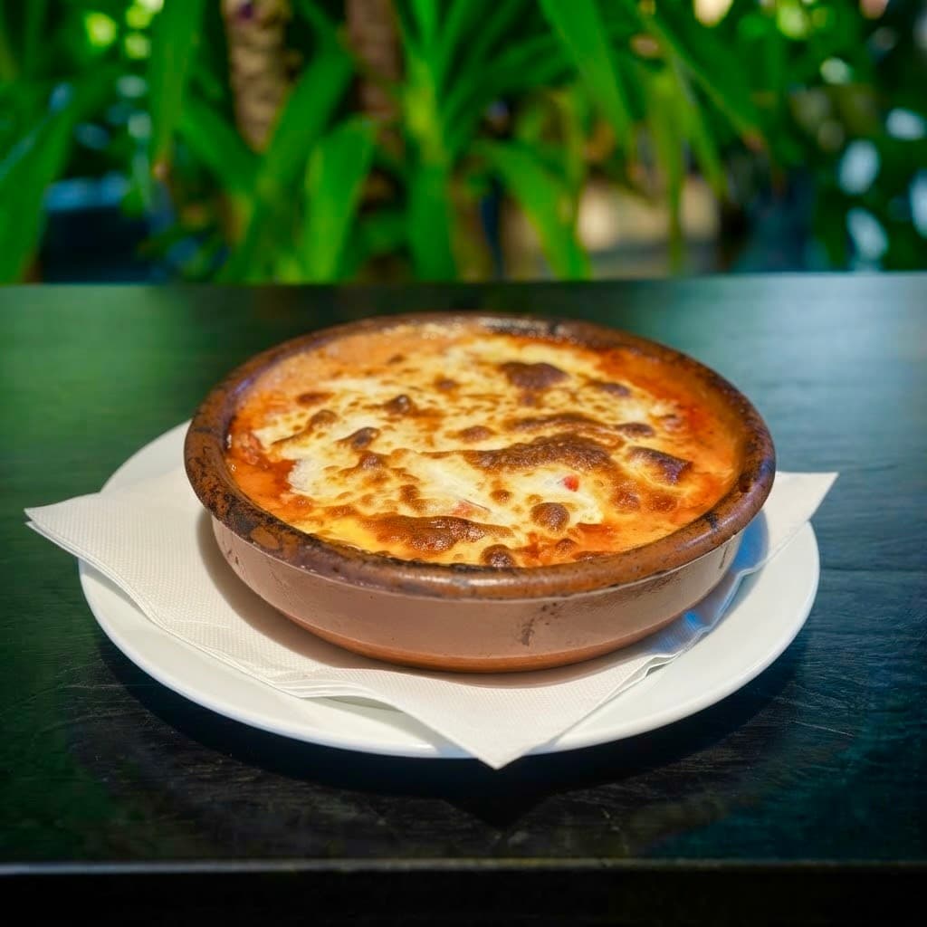 Lasaña de carne gratinada en cazuela de barro